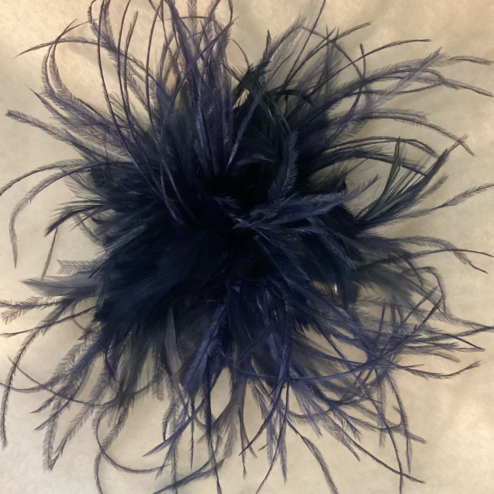Dark Blue ostrich feather fascinator hair clip accessory. Handmade in USA.